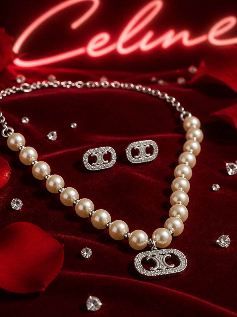 Fashion Jewelry Cream Pearl Necklace with Silver Logo Pendant